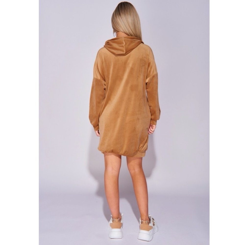 Beige Suede Long Sleeve Hooded Loose Fit Oversized Mini Dress Sweatshirt - Picture 4 of 8